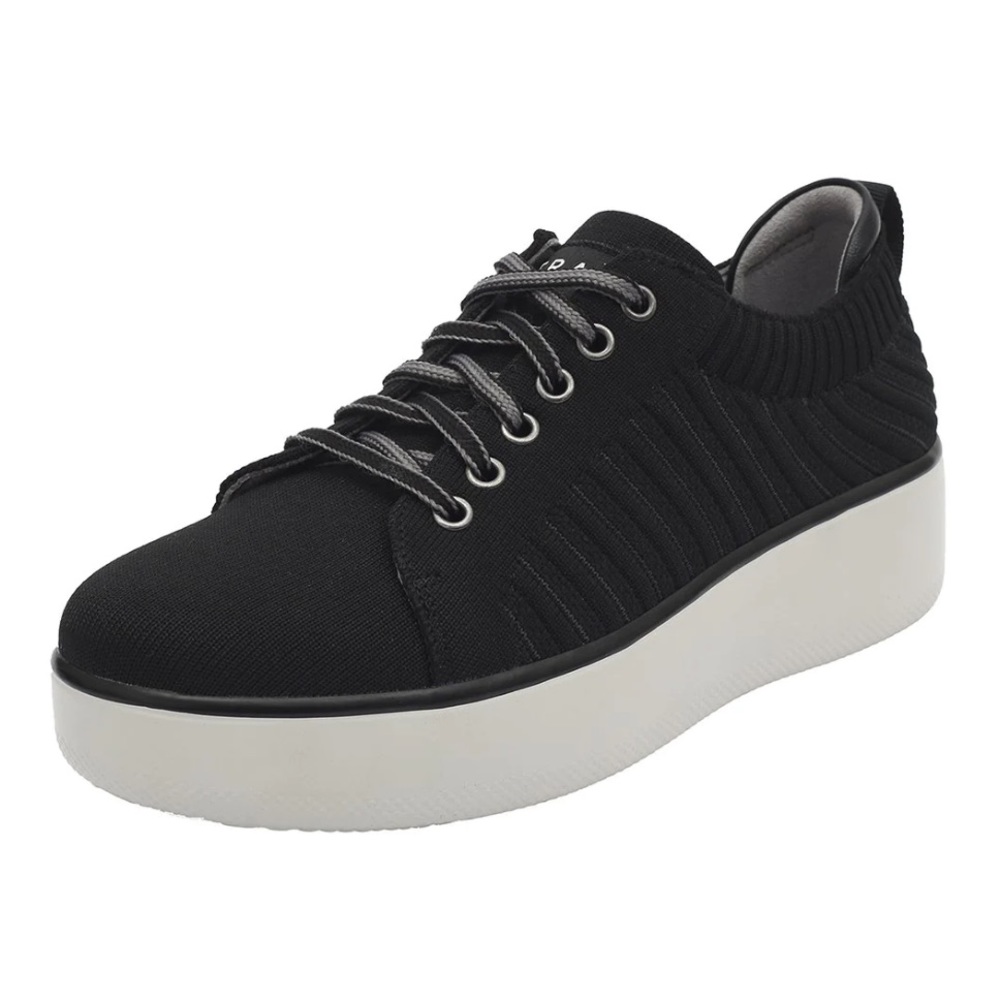 Traq by Alegria Black Knit Platform Sneakers with White Sole